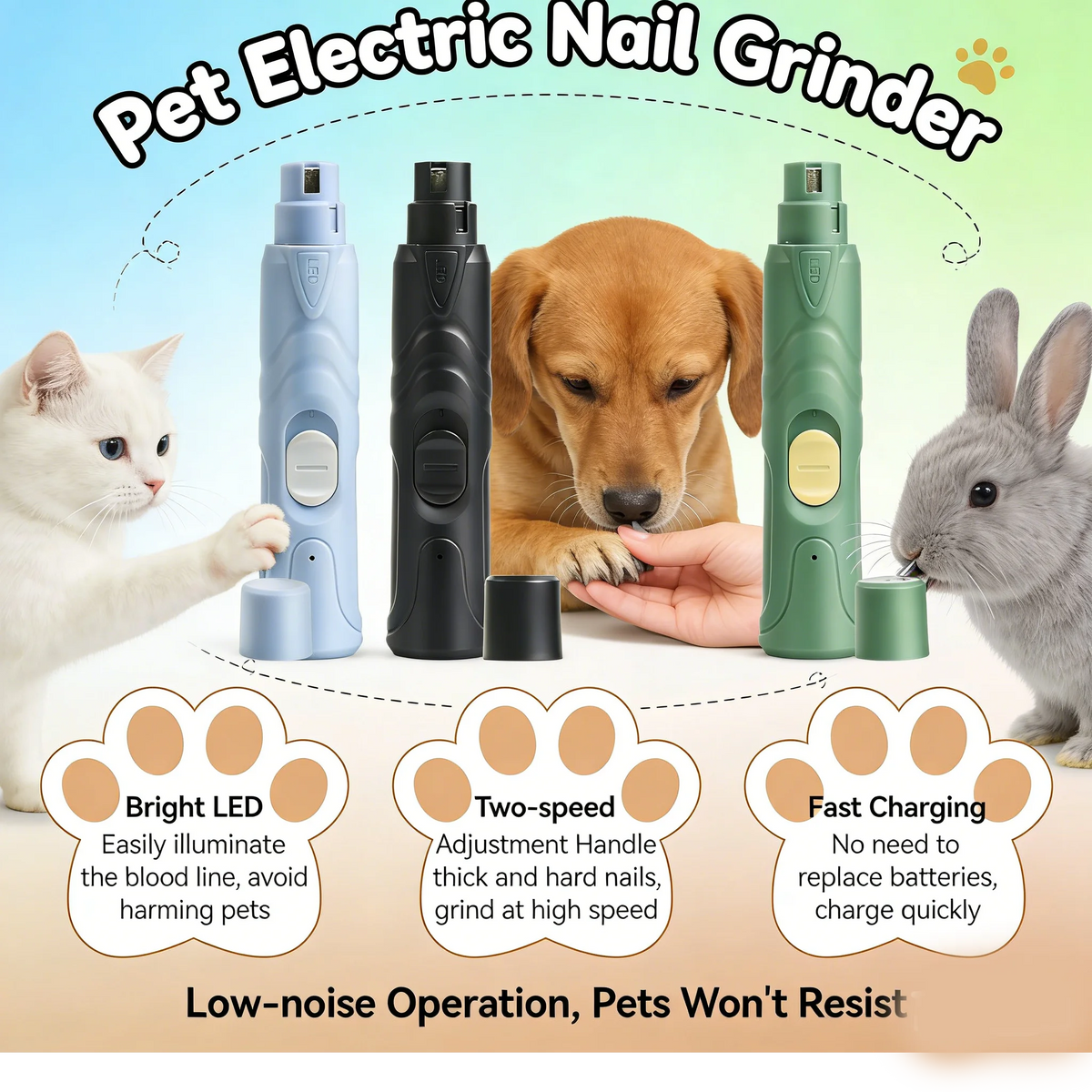 Painless Pet Nail Grinder — Quiet, Rechargeable & LED-Lit